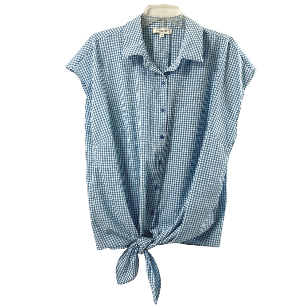 Blousology Blouse Womens 1X Blue Gingham Seersucker Tie Front Button Up Top